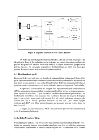 Figura 2. Diagrama funcional da rede “Olhos do Bem” 
Os dados de identificac¸ ˜ao biom´etrica extra´ıdos, al´em de servirem ao processo de 
identificac¸ ˜ao do perfil dos indiv´ıduos, ser˜ao aplicados nas buscas sistem´aticas em bases de 
pessoas desaparecidas, a fim de localizar e notificar os ´org˜aos e familiares que procuram 
por tais pessoas. Na sequˆencia, os processos de identificac¸ ˜ao do perfil e de busca por 
pessoas desaparecidas ser˜ao descritos em maiores detalhes. 
4.1. Identificac¸ ˜ao de perfil 
Dentro da Rede, todo indiv´ıduo em situac¸ ˜ao de vulnerabilidade ter´a um perfil ´unico. Este 
perfil ser´a constru´ıdo automaticamente com base nas informac¸ ˜oes enviadas pelos usu´arios 
que fazem uso do aplicativo e do portal. Para identificar de forma ´unica cada indiv´ıduo, e 
por conseguinte construir o seu perfil, ser˜ao utilizadas apenas as imagens de face enviadas. 
No processo classificat´orio das imagens ser´a aplicada uma rede neural artificial 
(RNA), adequadamente constru´ıda e treinada para identificar apenas as imagens que pos-suam 
registro de uma face. O grau de certeza emitido como respostas pela rede ser´a de 
fundamental importˆancia para a decis˜ao pela escolha ou descarte da imagem. Este grau 
dever´a estar contido numa escala real variando de 0 a 1, onde 0 indica que a imagem n˜ao 
cont´em uma face e 1 indica a presenc¸a inequ´ıvoca de uma face. Desta forma, o papel 
realizado pela RNA ser´a filtrar apenas imagens que possuam grau de certeza igual ou 
superior a 0:9. 
A seguir, as caracter´ısticas da RNA a ser constru´ıda para reconhecimento facial 
ser˜ao descritas detalhadamente. 
4.1.1. Redes Neurais Artificais 
Uma rede neural artificial ´e um processador macic¸amente paralelamente distribu´ıdo, cons-titu 
´ıdo de unidades simples, denominadas neurˆonios, que tˆem por objetivo armazenar 
conhecimento experimental e torn´a-lo dispon´ıvel para uso. Assemelham-se ao c´erebro 
 