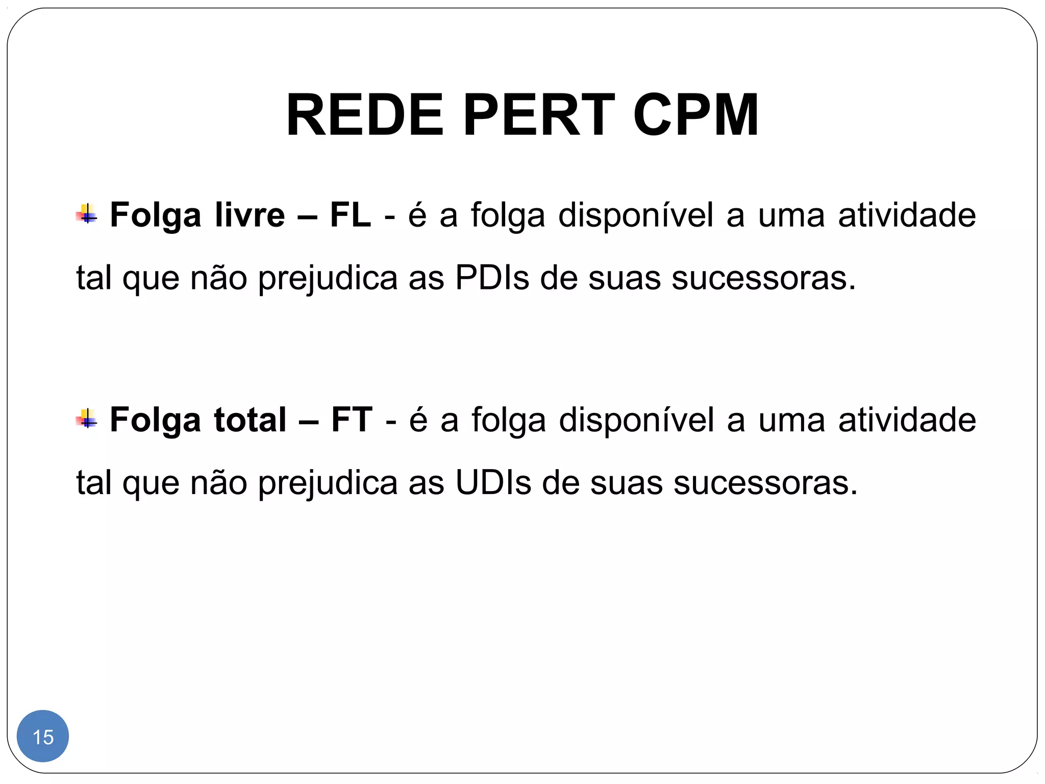 REDE PERT CPM 
15 
Folga livre – FL - é a folga disponível a uma atividade 
tal que não prejudica as PDIs de suas sucessoras. 
Folga total – FT - é a folga disponível a uma atividade 
tal que não prejudica as UDIs de suas sucessoras. 
 
