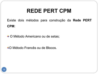 REDE PERT CPM 
18 
Existe dois métodos para construção da Rede PERT 
CPM: 
O Método Americano ou de setas; 
O Método Francês ou de Blocos. 
 