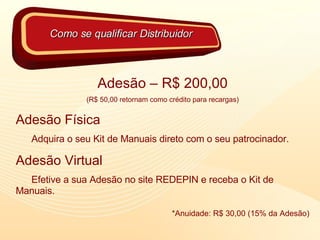 Adesão – R$ 200,00 (R$ 50,00 retornam como crédito para recargas) Adesão Física Adquira o seu Kit de Manuais direto com o seu patrocinador. Adesão Virtual Efetive a sua Adesão no site REDEPIN e receba o Kit de  Manuais. *Anuidade: R$ 30,00 (15% da Adesão) Como se qualificar Distribuidor 