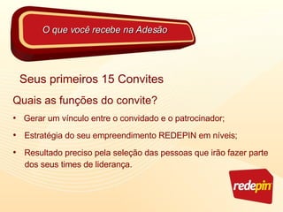 Seus primeiros 15 Convites Quais as funções do convite? Gerar um vínculo entre o convidado e o patrocinador; Estratégia do seu empreendimento REDEPIN em níveis; Resultado preciso pela seleção das pessoas que irão fazer parte dos seus times de liderança. O que você recebe na Adesão 