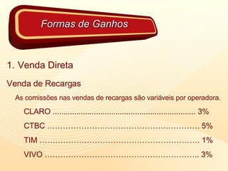 Venda Direta Venda de Recargas As comissões nas vendas de recargas são variáveis por operadora.   CLARO .................................................................. 3%   CTBC …………………………………………………. 5%   TIM ……………………………………………………. 1%   VIVO ………………………………………………….. 3% Formas de Ganhos 