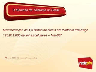 Movimentação de 1,5 Bilhão de Reais em telefonia Pré-Paga 125.811.000 de linhas celulares – Mar/08* * Fonte: TELECO (www.teleco.com.br) O Mercado da Telefonia no Brasil 