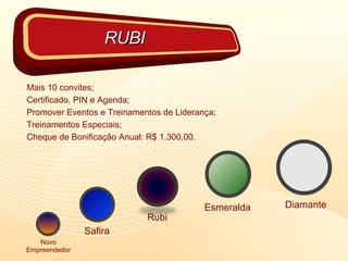 Mais 10 convites; Certificado, PIN e Agenda; Promover Eventos e Treinamentos de Liderança; Treinamentos Especiais; Cheque de Bonificação Anual: R$ 1.300,00. RUBI Novo Empreendedor Safira Rubi Esmeralda Diamante 