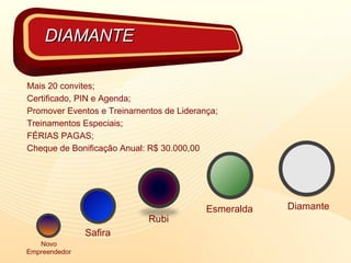 Mais 20 convites; Certificado, PIN e Agenda; Promover Eventos e Treinamentos de Liderança; Treinamentos Especiais; FÉRIAS PAGAS; Cheque de Bonificação Anual: R$ 30.000,00 DIAMANTE Novo Empreendedor Safira Rubi Esmeralda Diamante 