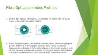 Fibra Óptica em redes Profinet
 Existem dois tipos de fibra óptica, a multimodo e a monomodo. No que se
refere as dimensões de núcleo e casca.
 A fibra monomodo possui uma atenuação menor, sendo a mais utilizada para
grandes distâncias. A desvantagem principal dessa fibra é o custo dos
equipamentos e do cabo. A fibra multimodo, além de ser mais barata, é mais
fácil de manusear em casos de emendas e conectores, porém, a distância de
utilização é limitada devido a maior atenuação na transmissão da luz.
 