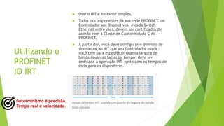 Utilizando o
PROFINET
IO IRT
 Usar o IRT é bastante simples.
 Todos os componentes da sua rede PROFINET, do
Controlador aos Dispositivos, e cada Switch
Ethernet entre eles, devem ser certificados de
acordo com a Classe de Conformidade C do
PROFINET.
 A partir daí, você deve configurar o domínio de
sincronização IRT que seu Controlador usará -
você tem para especificar quanta largura de
banda (quantas fatias de tempo) deve ser
dedicada à operação IRT, junto com os tempos de
ciclo para os dispositivos.
 