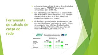 Ferramenta
de cálculo de
carga de
rede
 A ferramenta de cálculo de carga de rede ajuda a
estimar a parte PROFINET da carga de
comunicação para o PLC/PC.
 Isso é benéfico para determinar se o controlador
tem a largura de banda necessária para atender
aos requisitos da aplicação e ao número de
dispositivos/módulos no sistema.
 O cálculo do resultado pode ser comparado com
as especificações do controlador e ajustes feitos,
se necessário, para o tempo de atualização,
número de dispositivos/módulos ou adição de
mais controladores, se necessário, etc.
 