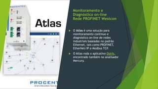 Monitoramento e
Diagnóstico on-line
Rede PROFINET Westcon
 O Atlas é uma solução para
monitoramento contínuo e
diagnóstico on-line de redes
industriais baseadas no padrão
Ethernet, tais como PROFINET,
EtherNet/IP e Modbus TCP
.
 O Atlas roda o aplicativo Osiris,
encontrado também no analisador
Mercury.
 