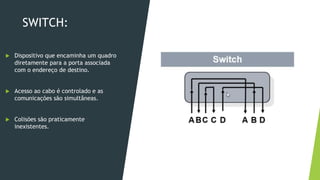 SWITCH:
 Dispositivo que encaminha um quadro
diretamente para a porta associada
com o endereço de destino.
 Acesso ao cabo é controlado e as
comunicações são simultâneas.
 Colisões são praticamente
inexistentes.
 