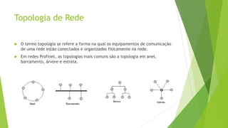 Topologia de Rede
 O termo topologia se refere a forma na qual os equipamentos de comunicação
de uma rede estão conectados e organizados fisicamente na rede.
 Em redes Profinet, as topologias mais comuns são a topologia em anel,
barramento, árvore e estrela.
 
