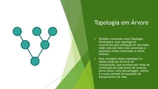 Topologia em Árvore
 Também conhecida como Topologia
Hierárquica, essa topologia se
caracteriza pela utilização de sub-redes,
onde cada sub-rede está conectada a
pequenos ramos conectados a ramos
maiores.
 Uma vantagem dessa topologia é a
rápida detecção de erros de
comunicação, que acontece por meio da
verificação de cada ponto de conexão
entre ramos. Uma desvantagem, porém,
é o custo elevado de aquisição de
equipamentos de rede.
 