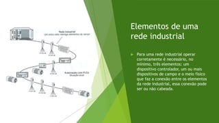 Elementos de uma
rede industrial
 Para uma rede industrial operar
corretamente é necessário, no
mínimo, três elementos: um
dispositivo controlador, um ou mais
dispositivos de campo e o meio físico
que faz a conexão entre os elementos
da rede industrial, essa conexão pode
ser ou não cabeada.
 