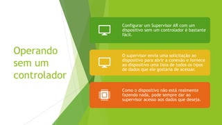 Operando
sem um
controlador
Configurar um Supervisor AR com um
dispositivo sem um controlador é bastante
fácil.
O supervisor envia uma solicitação ao
dispositivo para abrir a conexão e fornece
ao dispositivo uma lista de todos os tipos
de dados que ele gostaria de acessar.
Como o dispositivo não está realmente
fazendo nada, pode sempre dar ao
supervisor acesso aos dados que deseja.
 