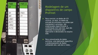 Modelagem de um
dispositivo de campo
Profinet
 Para concluir, os dados de I/O
cíclicos, ou seja, os dados de
entrada do processo e as saídas que
manipulam o processo, são
endereçados especificando a
combinação slot/sub-slot, que são
definidos livremente pelo
fabricante e declarados no arquivo
GSD.
 Para comunicação de dados
acíclicos, uma aplicação especifica
o endereçamento de dados
utilizando slot, sub-slot e index.
 