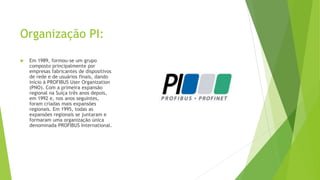 Organização PI:
 Em 1989, formou-se um grupo
composto principalmente por
empresas fabricantes de dispositivos
de rede e de usuários finais, dando
início à PROFIBUS User Organization
(PNO). Com a primeira expansão
regional na Suíça três anos depois,
em 1992 e, nos anos seguintes,
foram criadas mais expansões
regionais. Em 1995, todas as
expansões regionais se juntaram e
formaram uma organização única
denominada PROFIBUS International.
 
