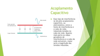 Acoplamento
Capacitivo
 Esse tipo de interferência
se dá pelo acoplamento
capacitivo, ou
eletrostático, entre a
fonte de interferência e
o cabo de rede,
induzindo tensões no
cabo de rede. Quanto
mais perto os cabos
geradores de
interferência e o cabo de
rede estiverem, maior
será a magnitude das
tensões induzidas.
 