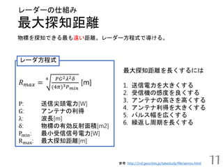 最大探知距離
レーダーの仕組み
参考: http://2nd.geocities.jp/takestudy/file/seinou.html
物標を探知できる最も遠い距離。レーダー方程式で導ける。
11
𝑅 𝑚𝑎𝑥 =
4 𝑃𝐺2 𝜆2 𝛿
(4𝜋)3 𝑃 𝑚𝑖𝑛
[m]
P: 送信尖頭電力[W]
G: アンテナの利得
λ: 波長[m]
δ: 物標の有効反射面積[m2]
Pmin: 最小受信信号電力[W]
Rmax: 最大探知距離[m]
レーダ方程式
最大探知距離を長くするには
1. 送信電力を大きくする
2. 受信機の感度を良くする
3. アンテナの高さを高くする
4. アンテナ利得を大きくする
5. パルス幅を広くする
6. 繰返し周期を長くする
 