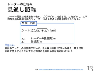 見通し距離
レーダーの仕組み
レーダー電波は地表を伝わるが、ごくわずかに湾曲する。したがって、工学
的な見通し距離に比べてレーダーによる見通し距離は約6%長くなる。
13
𝐷 = 4.12( ℎ 𝑎 + ℎ 𝑡) [km]
ℎ 𝑎: レーダーの設置高[]m
ℎ 𝑡: 物標高[m]
見通し距離
問題(5分)
自船のアンテナの設置高が12mで、最大探知距離が60kmの場合、最大探知
距離で発見することができる物標の最低限必要な高さは何mか？
参考: https://nippon.zaidan.info/seikabutsu/2005/00135/contents/0002.htm
 