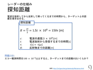 探知距離
レーダーの仕組み
参考: http://2nd.geocities.jp/takestudy/file/seinou.html
電波を放射してから反射して帰ってくるまでの時間から、ターゲットとの距
離を導き出せる。
9
𝑅 =
𝑐𝑡
2
= 1.5𝑡 × 108
= 150τ [m]
𝑐: 電波の速度(3 × 108
)[m]
𝑡: 電波放射から受信するまでの時間[s]
τ: 𝑡[s] = τ[μs]
𝑅: 反射物までの距離[m]
探知距離
問題(3分)
エコー観測時間を100 × 10−6
[s]とすると、ターゲットまでの距離𝑅はいくらか？
 