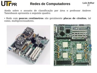 Redes de Computadores Luiz Arthur
17
Ainda sobre o assunto de classificação por área o professor Andrew
Tanenbaum apresenta o seguinte quadro:
● Rede com poucos centimetros são geralmente placas de ciruitos, tal
como, multiprocessadores.
 