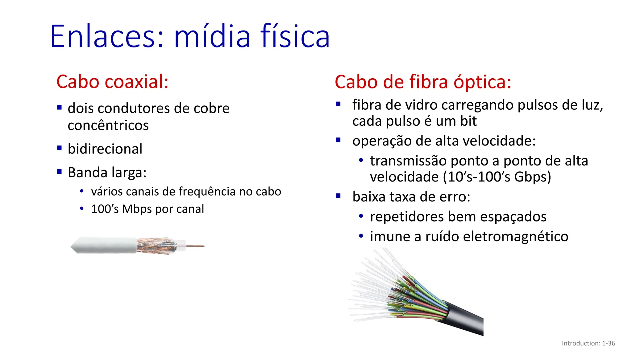 Enlaces: mídia física
Cabo coaxial:
▪ dois condutores de cobre
concêntricos
▪ bidirecional
▪ Banda larga:
• vários canais de frequência no cabo
• 100’s Mbps por canal
Cabo de fibra óptica:
▪ fibra de vidro carregando pulsos de luz,
cada pulso é um bit
▪ operação de alta velocidade:
• transmissão ponto a ponto de alta
velocidade (10’s-100’s Gbps)
▪ baixa taxa de erro:
• repetidores bem espaçados
• imune a ruído eletromagnético
Introduction: 1-36
 