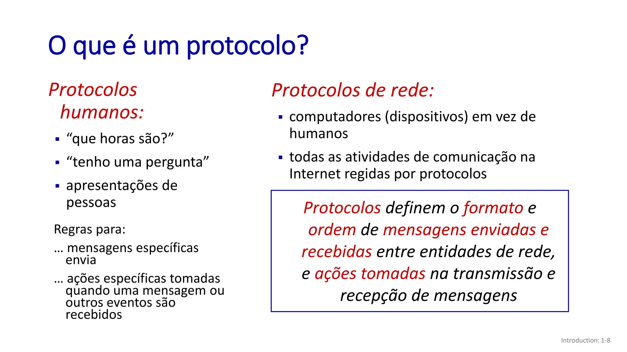 O que é um protocolo?
Protocolos
humanos:
▪ “que horas são?”
▪ “tenho uma pergunta”
▪ apresentações de
pessoas
Protocolos de rede:
▪ computadores (dispositivos) em vez de
humanos
▪ todas as atividades de comunicação na
Internet regidas por protocolos
Protocolos definem o formato e
ordem de mensagens enviadas e
recebidas entre entidades de rede,
e ações tomadas na transmissão e
recepção de mensagens
Regras para:
… mensagens específicas
envia
… ações específicas tomadas
quando uma mensagem ou
outros eventos são
recebidos
Introduction: 1-8
 