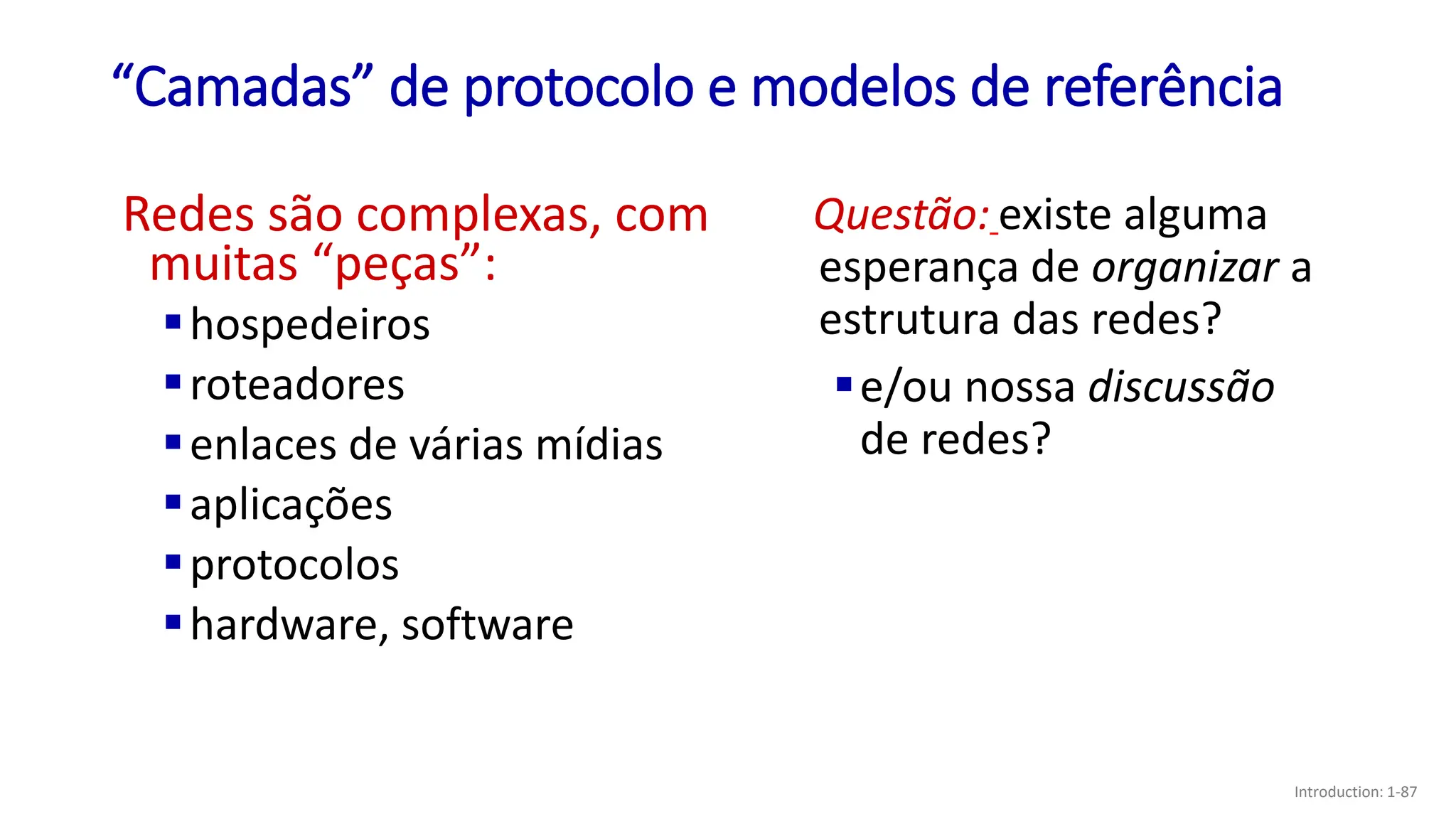 “Camadas” de protocolo e modelos de referência
Redes são complexas, com
muitas “peças”:
▪hospedeiros
▪roteadores
▪enlaces de várias mídias
▪aplicações
▪protocolos
▪hardware, software
Questão: existe alguma
esperança de organizar a
estrutura das redes?
▪e/ou nossa discussão
de redes?
Introduction: 1-87
 