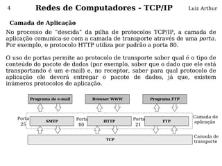 4             Redes de Computadores - TCP/IP                                  Luiz Arthur


 Camada de Aplicação
No processo de “descida” da pilha de protocolos TCP/IP, a camada de
aplicação comunica-se com a camada de transporte através de uma porta.
Por exemplo, o protocolo HTTP utiliza por padrão a porta 80.
 
O uso de portas permite ao protocolo de transporte saber qual é o tipo de
conteúdo do pacote de dados (por exemplo, saber que o dado que ele está
transportando é um e-mail) e, no receptor, saber para qual protocolo de
aplicação ele deverá entregar o pacote de dados, já que, existem
inúmeros protocolos de aplicação.

            Programa de e-mail           Browser WWW           Programa FTP




    Porta                                                                      Camada de
                   SMTP
                                 Porta       HTTP
                                                       Porta        FTP        aplicação
     25                           80                    21

                                                                                Camada de
                                             TCP
                                                                                transporte
 