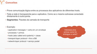 Mission Simulation Lab
HICEEConceitos
▪ Prove comunicação lógica entre os processos dos aplicativos de diferentes hosts.
▪ Toda a rede é transparente para o aplicativo. Como se o mesmo estivesse conectado
diretamente à outra ponta.
▪ Segmentos: Pacotes da camada de transporte
▪ Exemplo:
▪ application messages = carta em um envelope
▪ processes = primos
▪ hosts (also called end systems) = casas
▪ transport-layer protocol = Ann e Bill
▪ network-layer protocol = serviço postal
Interessa pros
primos como foi
entregue a carta?
 