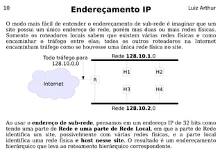 10
                        Endereçamento IP                         Luiz Arthur


O modo mais fácil de entender o endereçamento de sub-rede é imaginar que um
site possui um único endereço de rede, porém mas duas ou mais redes físicas.
Somente os roteadores locais sabem que existem várias redes físicas e como
encaminhar o tráfego entre elas; todos os outros roteadores na Internet
encaminham tráfego como se houvesse uma única rede física no site.

             Todo tráfego para        Rede 128.10.1.0
                128.10.0.0
                                          H1            H2
                                 R
             Internet
                                          H3            H4


                                      Rede 128.10.2.0

Ao usar o endereço de sub-rede, pensamos em um endereço IP de 32 bits como
tendo uma parte de Rede e uma parte de Rede Local, em que a parte de Rede
identifica um site, possivelmente com várias redes físicas, e a parte local
identifica uma rede física e host nesse site. O resultado é um endereçamento
hierárquico que leva ao roteamento hierárquico correspondente.
 