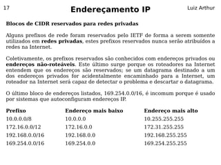 17
                        Endereçamento IP                              Luiz Arthur


Blocos de CIDR reservados para redes privadas

Alguns prefixos de rede foram reservados pelo IETF de forma a serem somente
utilizados em redes privadas, estes prefixos reservados nunca serão atribuídos a
redes na Internet.

Coletivamente, os prefixos reservados são conhecidos com endereços privados ou
endereços não-roteáveis. Este último surge porque os roteadores na Internet
entendem que os endereços são reservados; se um datagrama destinado a um
dos endereços privados for acidentalmente encaminhado para a Internet, um
roteador na Internet será capaz de detectar o problema e descartar o datagrama.

O último bloco de endereços listados, 169.254.0.0/16, é incomum porque é usado
por sistemas que autoconfiguram endereços IP .

Prefixo               Endereço mais baixo           Endereço mais alto
10.0.0.0/8            10.0.0.0                      10.255.255.255
172.16.0.0/12         172.16.0.0                    172.31.255.255
192.168.0.0/16        192.168.0.0                   192.168.255.255
169.254.0.0/16        169.254.0.0                   169.254.255.255
 