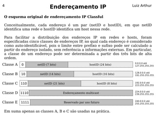 4
                            Endereçamento IP                                  Luiz Arthur


 O esquema original de endereçamento IP Classful
  
 Conceitualmente, cada endereço é um par (netID e hostID), em que netID
 identifica uma rede e hostID identifica um host nessa rede.

 Para facilitar a distribuição dos endereços IP em redes e hosts, foram
 especificadas cinco classes de endereços IP no qual cada endereço é considerado
                                             ,
 como auto-identificável, pois o limite entre prefixo e sufixo pode ser calculado a
 partir do endereço isolado, sem referência a informações externas. Em particular,
 a classe de um endereço pode ser determinada a partir dos três bits de alta
 ordem.
                                                                               0.0.0.0 até
Classe A   0       netID (7 bits)                      hostID (24 bits)        127.255.255.255


                                                                               128.0.0.0 até
Classe B   10       netID (14 bits)                      hostID (16 bits)      191.255.255.255


Classe C 110            netID (21 bits)                     hostID (8 bits)    192.0.0.0 até
                                                                               223.255.255.255

                                                                               224.0.0.0 até
Classe D 1110                         Endereçamento multicast                  239.255.255.255


                                                                               240.0.0.0 até
Classe E 1111                         Reservado par uso futuro                 255.255.255.255


 Em suma apenas as classes A, B e C são usadas na prática.
 