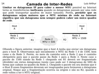 14
                   Camada de Inter-Redes                          Luiz Arthur
Limitar os datagramas IP para caber a menor MTU possível na Internet
torna as transferências ineficazes quando os datagramas passam por uma rede
que pode transportar quadros de maior tamanho. Porém, permitir que os
datagramas sejam maiores que a MTU mínima de rede na Internet
significa que um datagrama nem sempre poderá caber um único quadro
de rede.

       Host                                                    Host
        A                                                       B


      Rede 1                                             Rede 3
      MTU = 1500                 Rede 2                  MTU = 1500
                       R1                        R2
                                MTU = 500


Olhando a figura anterior, imagine que o host A tenha que enviar um datagrama
para o host B. Observamos que inicialmente o MTU da Rede 1 é de 1500, bem
como o da Rede 3. Porém, no meio do caminho está a Rede 2 que é caminho
obrigatório para que o pacote passe da Rede 1 para a Rede 3. Neste caso o
pacote de 1500 saindo da Rede 1 chegando em R1 deverá ser fragmentado
(dividido) em vários datagramas (neste caso pode ser 3 datagramas de 500) de
forma que caibam no quadro da Rede 2. Chegando o pacote em seu destino que é
o Host B esses fragmentos deveram ser reagrupados para formarem o datagrama
original. Noque que a fragmentação ocorreu na origem e não no R2, quando a
rede voltou a ter o MTU original.
 