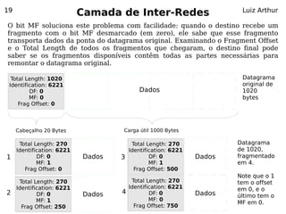 19
                            Camada de Inter-Redes                       Luiz Arthur

O bit MF soluciona este problema com facilidade: quando o destino recebe um
fragmento com o bit MF desmarcado (em zero), ele sabe que esse fragmento
transporta dados da ponta do datagrama original. Examinando o Fragment Offset
e o Total Length de todos os fragmentos que chegaram, o destino final pode
saber se os fragmentos disponíveis contêm todas as partes necessárias para
remontar o datagrama original.

  Total Length: 1020                                                    Datagrama
 Identification: 6221                                                   original de
         DF: 0                             Dados                        1020
         MF: 0                                                          bytes
     Frag Offset: 0



     Cabeçalho 20 Bytes             Carga útil 1000 Bytes

      Total Length: 270                  Total Length: 270             Datagrama
     Identification: 6221               Identification: 6221           de 1020,
1            DF: 0          Dados   3           DF: 0          Dados   fragmentado
             MF: 1                              MF: 1                  em 4.
        Frag Offset: 0                    Frag Offset: 500
                                                                       Note que o 1
      Total Length: 270                  Total Length: 270             tem o offset
     Identification: 6221               Identification: 6221           em 0, e o
2            DF: 0          Dados   4           DF: 0          Dados   último tem o
             MF: 1                              MF: 0
                                                                       MF em 0.
       Frag Offset: 250                   Frag Offset: 750
 