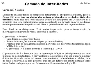 30
                     Camada de Inter-Redes                             Luiz Arthur


Carga útil / Dados

Depois de analisar todos os campos do datagrama IP chegamos ao último, que é a
Carga útil, este leva os dados dos outros protocolos e os dados úteis dos
usuários, tudo isto está encapsulado dentro do datagrama IP. O software IP a
principio não tem conhecimento sobre o conteúdo ou formato da área de dados,
exceto pelo fato do campo Protocol dizer a quem deve ser entregue os dados.

Para finalizar o datagrama IP é muito importante para a transmissão de
informações em grandes redes, tal como a Internet.

O protocolo IP fornece:
 ● Uma forma de endereçar hosts;

 ● Rotear informações de uma origem para um destino;

 ● Permitir que os datagramas passem por redes de diferentes tecnologias (com


   MTUs diferentes).
 ● O protocolo IP é a base de toda a tecnologia TCP/IP.

O protocolo IP é a base de toda a tecnologia TCP/IP e principalmente da rede
mundial de computadores, é provavelmente este procolo que vai ajudar a unificar
diferentes tipos de redes, tal como rede telefônica, rede telefônica celular, rede
de rádio e televisão. É bem provável que em um futuro não muito distante todos
estes dados trafeguem por um único meio utilizando a tecnologia IP.
 