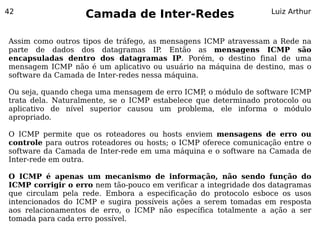 42
                   Camada de Inter-Redes                         Luiz Arthur



Assim como outros tipos de tráfego, as mensagens ICMP atravessam a Rede na
parte de dados dos datagramas IP. Então as mensagens ICMP são
encapsuladas dentro dos datagramas IP. Porém, o destino final de uma
mensagem ICMP não é um aplicativo ou usuário na máquina de destino, mas o
software da Camada de Inter-redes nessa máquina.

Ou seja, quando chega uma mensagem de erro ICMP o módulo de software ICMP
                                                 ,
trata dela. Naturalmente, se o ICMP estabelece que determinado protocolo ou
aplicativo de nível superior causou um problema, ele informa o módulo
apropriado.

O ICMP permite que os roteadores ou hosts enviem mensagens de erro ou
controle para outros roteadores ou hosts; o ICMP oferece comunicação entre o
software da Camada de Inter-rede em uma máquina e o software na Camada de
Inter-rede em outra.

O ICMP é apenas um mecanismo de informação, não sendo função do
ICMP corrigir o erro nem tão-pouco em verificar a integridade dos datagramas
que circulam pela rede. Embora a especificação do protocolo esboce os usos
intencionados do ICMP e sugira possíveis ações a serem tomadas em resposta
aos relacionamentos de erro, o ICMP não específica totalmente a ação a ser
tomada para cada erro possível.
 