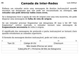 48
                    Camada de Inter-Redes                              Luiz Arthur


Embora um roteador envie uma mensagem de destino inalcançável quando
encontra um datagrama que não pode ser encaminhada ou entregue, um
roteador não pode detectar todos esses erros.

Se o datagrama tiver a opção de rota de origem com uma rota incorreta, ele pode
disparar uma mensagem de falha de rota de origem.

Se um roteador precisar fragmentar um datagrama IP mas o bit DF “não
                                                  ,
fragmentar” estiver marcado, o roteador enviará uma mensagem de
fragmentação necessária de volta à origem.

O significado das mensagens de protocolo e porta inalcançável se tornará claro
quando estudarmos as camadas superiores.

O formato da mensagem destino inalcançável, pode ser vista a seguir:
0                  8                    16                  24                  31

     Tipo (3)          Código (0-15)                     Checksum
                          Não Usado (Precisa ser zero)
                Cabeçalho IP + Primeiros 64 Bits do Datagrama
                                       ...
 