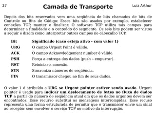 27
                    Camada de Transporte                            Luiz Arthur


Depois dos bits reservados vem uma seqüência de bits chamados de bits de
Controle ou Bits de Código: Esses bits são usados por exemplo, estabelecer
conexões TCP, manter e finalizar. O software TCP utiliza tais campos para
determinar a finalidade e o conteúdo do segmento. Os seis bits podem ser vistos
a seguir e dizem como interpretar outros campos no cabeçalho TCP .

     Bit      Significado (caso esteja ativo - com valor 1)
     URG      O campo Urgent Point é válido.
     ACK      O campo Acknowledgement number é válido.
     PSH      Força a entrega dos dados (push – empurrar).
     RST      Reiniciar a conexão.
     SYN      Sincroniza números de seqüência.
     FIN      O transmissor chegou ao fim de seus dados.


O valor 1 é atribuído a URG se Urgent pointer estiver sendo usado. Urgent
pointer é usado para indicar um deslocamento de bytes no fluxo de dados
TCP a partir do número de seqüência atual em que os dados urgentes devem ser
encontrados. Esse recurso substitui as mensagens interrompidas. Esse recuso
representa uma forma estruturada de permitir que o transmissor envie um sinal
ao receptor sem envolver o serviço TCP no motivo da interrupção.
 