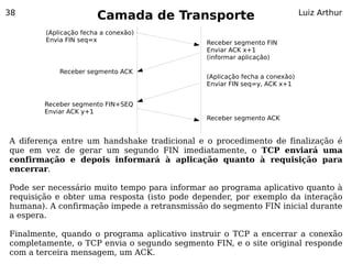 38
                       Camada de Transporte                                Luiz Arthur

        (Aplicação fecha a conexão)
        Envia FIN seq=x                      Receber segmento FIN
                                             Enviar ACK x+1
                                             (informar aplicação)

            Receber segmento ACK
                                             (Aplicação fecha a conexão)
                                             Enviar FIN seq=y, ACK x+1


        Receber segmento FIN+SEQ
        Enviar ACK y+1
                                             Receber segmento ACK


A diferença entre um handshake tradicional e o procedimento de finalização é
que em vez de gerar um segundo FIN imediatamente, o TCP enviará uma
confirmação e depois informará à aplicação quanto à requisição para
encerrar.

Pode ser necessário muito tempo para informar ao programa aplicativo quanto à
requisição e obter uma resposta (isto pode depender, por exemplo da interação
humana). A confirmação impede a retransmissão do segmento FIN inicial durante
a espera.

Finalmente, quando o programa aplicativo instruir o TCP a encerrar a conexão
completamente, o TCP envia o segundo segmento FIN, e o site original responde
com a terceira mensagem, um ACK.
 