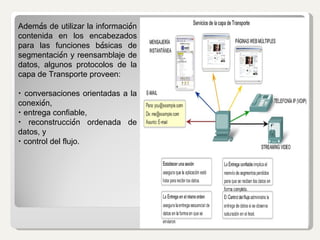 Adem á s de utilizar la informaci ó n contenida en los encabezados para las funciones b á sicas de segmentaci ó n y reensamblaje de datos, algunos protocolos de la capa de Transporte proveen: •  conversaciones orientadas a la conexi ó n, •  entrega confiable, •  reconstrucci ó n ordenada de datos, y •  control del flujo. 