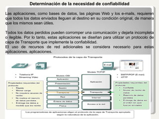Determinación de la necesidad de confiabilidad   Las aplicaciones, como bases de datos, las páginas Web y los e-mails, requieren que todos los datos enviados lleguen al destino en su condición original, de manera que los mismos sean útiles.  Todos los datos perdidos pueden corromper una comunicación y dejarla incompleta o ilegible. Por lo tanto, estas aplicaciones se diseñan para utilizar un protocolo de capa de Transporte que implemente la confiabilidad.  El uso de recursos de red adicionales se considera necesario para estas aplicaciones. aplicaciones. 