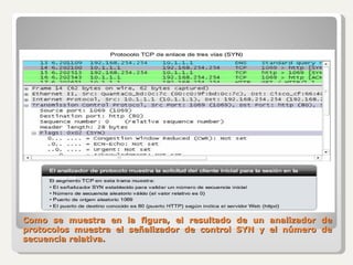 Como se muestra en la figura, el resultado de un analizador de protocolos muestra el señalizador de control SYN y el número de secuencia relativa. 
