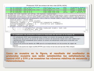 Como se muestra en la figura, el resultado del analizador de protocolos muestra que están establecidos los señalizadores de control ACK y SYN y se muestran los números relativos de secuencia y reconocimiento. 
