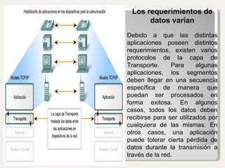 Los requerimientos de datos varían Debido a que las distintas aplicaciones poseen distintos requerimientos, existen varios protocolos de la capa de Transporte. Para algunas aplicaciones, los segmentos deben llegar en una secuencia específica de manera que puedan ser procesados en forma exitosa. En algunos casos, todos los datos deben recibirse para ser utilizados por cualquiera de las mismas. En otros casos, una aplicación puede tolerar cierta pérdida de datos durante la transmisión a través de la red. 