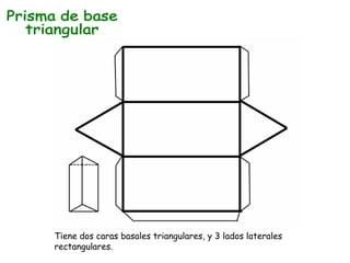 Prisma de base  triangular Tiene dos caras basales triangulares, y 3 lados laterales rectangulares. 