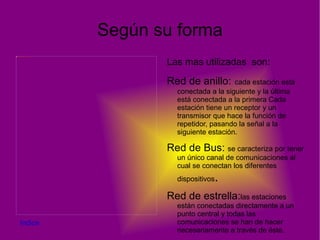 Según la función del acceso Redes publicas  : Una red publica se define como una red que puede usar cualquier persona y no como las redes que están configuradas con clave de acceso personal. Es una red de computadoras interconectados, capaz de compartir información y que permite comunicar a usuarios sin importar su ubicación geográfica.  Redes privadas :una red privada es una red que usa el espacio de direcciones IP especificadas en el documento son bastante comunes en esquemas de redes de área local (LAN)  Indice 