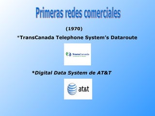 Primeras redes comerciales * TransCanada Telephone System’s Dataroute *Digital Data System de AT&T (1970) 