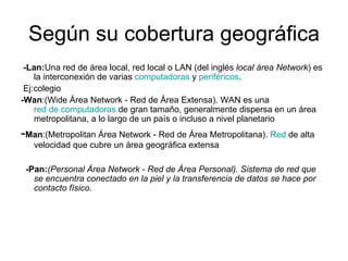 Según su cobertura geográfica -Lan: Una red de área local, red local o LAN (del inglés  local área Network ) es la interconexión de varias  computadoras  y  periféricos .  Ej:colegio -Wan :(Wide Área Network - Red de Área Extensa). WAN es una  red de computadoras  de gran tamaño, generalmente dispersa en un área metropolitana, a lo largo de un país o incluso a nivel planetario - Man :(Metropolitan Área Network - Red de Área Metropolitana).  Red  de alta velocidad que cubre un área geográfica extensa  -Pan: (Personal Área Network - Red de Área Personal). Sistema de red que se encuentra conectado en la piel y la transferencia de datos se hace por contacto físico. 