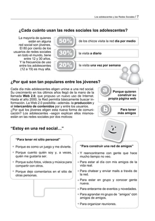 Los adolescentes y las Redes Sociales /   7



     ¿Cada cuánto usan las redes sociales los adolescentes?
     La mayoría de quienes
             están en alguna     50%          de los chicos visita la red día por medio
     red social son jóvenes.
      El 80 por ciento de los
 usuarios de redes sociales
    en todo el mundo, tiene      30%          la visita a diario
         entre 12 y 30 años.
      Y la frecuencia de uso
      entre los adolescentes     20%          la visita una vez por semana
       (12 a 19) es muy alta.



¿Por qué son tan populares entre los jóvenes?
Cada día más adolescentes eligen unirse a una red social.
Su crecimiento en los últimos años llegó de la mano de la
                                                                   a       Porque quieren
llamada Web 2.0, que propuso un nuevo uso de Internet.                        construir su
Hasta el año 2000, la Red permitía básicamente buscar in­               propia página web
formación. La Web 2.0 posibilita –además­ la producción y

                                                                    b
el intercambio de contenidos por y entre los usuarios.
¿Por qué los jóvenes eligen esta nueva forma de comuni­                           Para tener
cación? Los adolescentes –según explican ellos mismos­                           más amigos
están en las redes sociales por dos motivos:


“Estoy en una red social…”
                                                                      )­:


   “Para tener mi sitio personal”

   Porque es como un juego y me divierte.      “Para construir una red de amigos”

   Porque cuento quién soy y, a veces,         Y reencontrarme con gente que hace
   quién me gustaría ser.                      mucho tiempo no veo.
   Porque subo fotos, videos y música para     Para estar al día con mis amigos de la
   compartir con otros.                        vida real.
   Porque dejo comentarios en el sitio de      Para chatear y enviar mails a través de
   otras personas.                             la red.
                                               Para estar en grupo y conocer gente
                                               nueva.
                                               Para enterarme de eventos y novedades.
                                               Para agrandar mi grupo de “amigos” con
                                               amigos de amigos.
                                               Para organizar reuniones.
 
